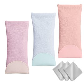 Hifot 3 Pack Portable Leather Eyeglass Case with Cleaning Cloth, Soft Squeeze Top Sunglasses Case Anti-Scratch Glasses Bag Goggles Pouch Holder for Women Men Kids