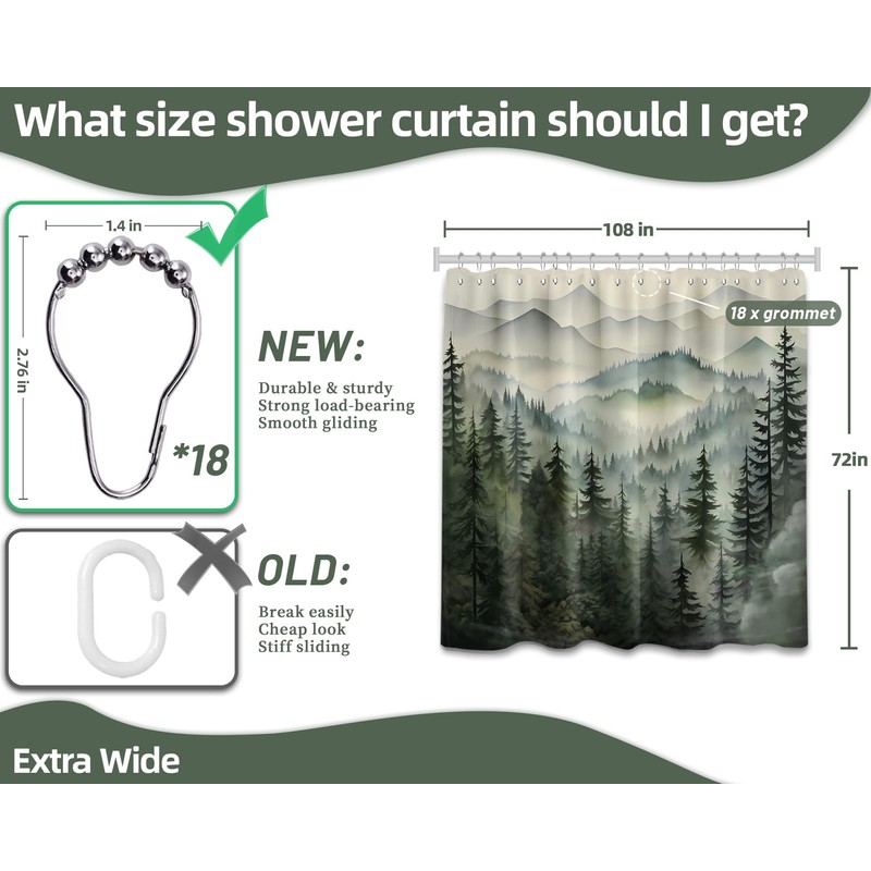 QGHOT Mountain Shower Curtain Green Forest Nature Shower Curtains for
