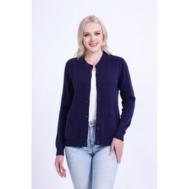 SMILING PINKER Women Cardigan Thick Warm Crew Neck Button Down Sweater with Pockets(Navy Blue,XL)
