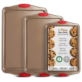 Baking Sheet Set, 3-Piece Cookie Sheet Set with Silicone Handles, Steel Baking Pans Set, Durable Baking Sheets for Oven, BPA Free Cookie Sheets for Baking Nonstick Set, Sheet Pan - Bronze Baking Pan
