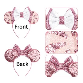 bianbaistar Pink Sequin Mouse Ear Headband – Adorable Candy Stripe Design with Bowknot, Perfect for Birthday Celebrations, Festivals, and Themed Party Costumes