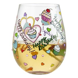 Enesco Designs by Lolita Birthday Cupcakes Hand-Painted Artisan Stemless Wine Glass, 20 Ounce, Multicolor