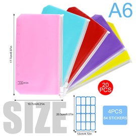 Binder Bags A6 20 Pieces 6 Holes Binder Pockets Plastic Binder Pockets Loose Leaf Bags Waterproof PVC Transparent Loose Leaf Bags for Budget Envelopes Planner Notebook Cards