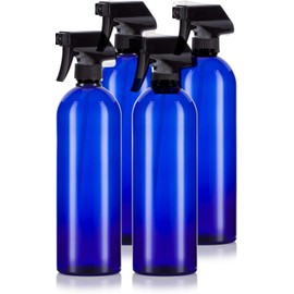 JUVITUS (4 pack) 32 oz Cobalt Blue Boston Round PET Plastic Bottles with Black Trigger Sprayer Heavy Duty Industrial