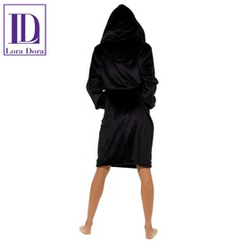 Ladies Robe Luxury Fleece Hooded Bathrobe for Teen Girls House Robe Loungewear Gift, black