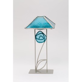 Modern Teal Blue Glass & Metal Tea Light Candle Holder, 9-1/8" H