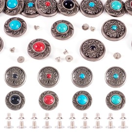 Beadthoven 48pcs/16 Sets Turquoise Alloy Rivets Vintage Western Style Decorative Buckles Metal Screwback Buttons Gunmetal Flat Round Leather Rivets Studs for DIY Leather Crafts Belt Purse Shoes Decor