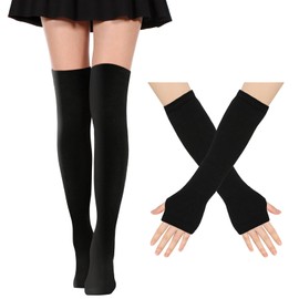 Fiohiros Women's Thigh High Socks Fingerless Gloves Set, Striped Leg Warmers, Knee High Socks, Elastic Over-the-Knee Stockings, Soft Cotton Blend for Everyday Festive Style (Pure Black, One Size)