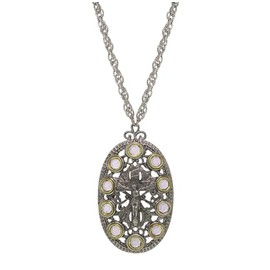 1928 Jewelry Company Symbols Of Faith Pewter Purple Austrian Crystal Rosary Crucifix Cross Oval Pendant Necklace 28"