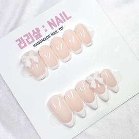 White Ribbon Handmade Nail Tips - Coffin / 화이트 리본 수제네일팁 - 코핀