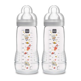 MAM Easy Active Bottle 11 oz (2-Count), Fast Flow Bottles, 4+ Month, Unisex, Gray