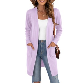 VIISHOW Women's Open Front Casual Knit Long Sleeve Sweater Classic Cover up Cardigan with Pockets, Light Purple, X-Large