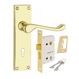 HANDLESTORE Victorian Scroll Locking Lever Backplate Door Handle - Pair of Handles with Sash Lock - Four Colours (Polished Brass)