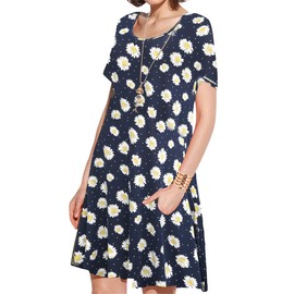 JollieLovin Plus Size Summer T-Shirt Casual Dresses for Curvy Women Flowy Swing(4X,3-Navy Blue)