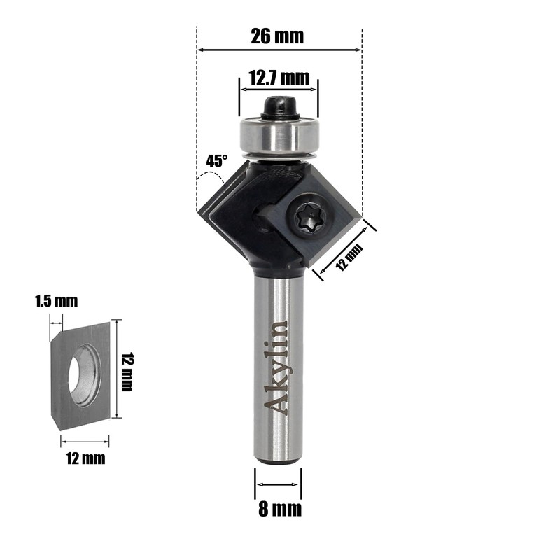 AKYLIN Reversible Plate Chamfer Cutter 8 mm Shank, 4-Sided Interchangeable