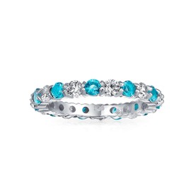 Cubic Zirconia London Blue White Alternating Stackable CZ Eternity Ring Simulated Topaz .925 Sterling Silver March Month