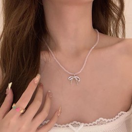 Xduargs Boho Bow Pendant Necklace Pink Beaded Bowtie Choker Necklace Vintage Pink Crystal Beads Necklace Adjustable Bowknot Chain Necklace Jewelry for Women