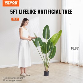 VEVOR Artificial Bird of Paradise Tree, 5 FT Tall Faux Plant, PE Material & Anti-Tip Tilt Protection Low-Maintenance Plant, Lifelike Green Fake Tree for Home Office Warehouse Decor Indoor Outdoor