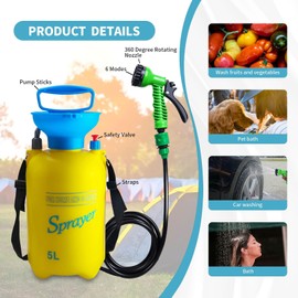 JIESIHAO Portable Shower Yellow 5L with 7 Spray Modes, Hand Press with Removable Hose and Shower Head
