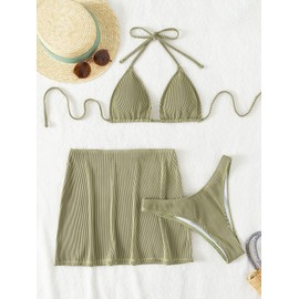 SweatyRocks Women's 3 Piece Zebra Striped Bikini Swimsuit Set & Beach Skirt Set Bathing Suit Olive Green L