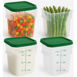 uVeans 4-pack Translucent Food Storage Containers with Green Lids – 4 Qt Square BPA-Free Polypropylene – Commercial Grade, Stackable & Dishwasher Safe – Ideal for Restaurant or Kitchen Use