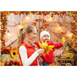 CHAIYA 10x8ft Thanksgiving Photography Backdrop Autumn Harvest Backdrop Thanksgiving Barn Door Backdrop Pumpkin Maple Leaves Sunflower Haystack Party Supplies Banner