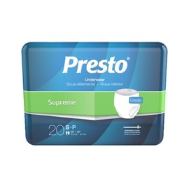 Presto Supreme Classic Unisex Protective Underwear, Adult Small (22"–36" Waist) - Maximum Absorbency, Incontinence Underwear with OdorSecure & MoistureLock Dual Core, 80 Count (4 Bags of 20)