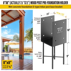 8"x8" (Actually 7.5"x7.5") Heavy Duty U-Shaped Fence Post Holder Bracket, Wet Concrete Post Bracket, for Deck railings, Fences, gazebos Wet Concrete Foundation Support (Dark Gray-2Pack)