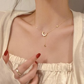 Xmsrn Vintage Crystal Crescent Moon Drop Y Necklace Rhinestone Moon Pendant Necklace Tiny Star Y Lariat Necklace Gold Cz Crescent Necklace Jewelry for Women and Girls