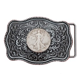 US 1943 Walking Liberty Half Dollar 90% Silver Coin Silver Belt Buckle NEW - Beautiful Western Scroll Design
