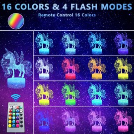 Unicorns 3D Illusion Lamp LED Night Light, USB Powered 16 Colours Flashing Remote Control Switch Bedroom Decoration Lighting Night Light Kids Adults for Boys Girls Birthday, Christmas, Festival Gifts