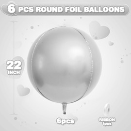 6Pcs Silver Round Foil Balloons,Giant 4D Round Ball Balloons,22 Inch Metallic Silver Mylar Balloons for Birthday Wedding Prom Graduation Party Decorations