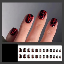 RIICFDD Fall Press on Nails Short Fake Nails Square False Nails Black Nails Press ons Blood Color Stripe Stick on Nails Glossy Acrylic Nails Full Cover Sweet Cool Style Glue on Nails for Women 24 Pcs