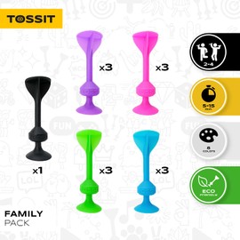TOSSIT Game Set - Indoor, Outdoor Suction Cup Throwing Party Game - Family Pack, 4 colors Pink Light Blue Purple Green - Portable Fun that sucks!