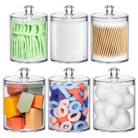 MateeyLife Qtip Holder 6 Pack,Qtip Dispenser for Cotton Pads,Swabs,Balls,Bathroom Storage Containers for Organizing,Plastic Bathroom Canisters with Lid,Storage Jars Vanity Makeup Accessories Set