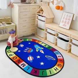 USTIDE Alphabet Educational Kids Rug Blue Playroom Rug Rocket Airship Rugs for Kids ABC Letters Learning Mat Carpet 80x120cm