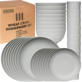 Wheat Straw Dinnerware Sets | Unbreakable Dinnerware Sets | Dishwasher Microwave Safe Dinnerware | Eco Friendly Non Breakable Dinnerware Sets | RV Outdoor Camping (Grey, Service for 8 (32 pcs))