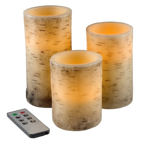 Lavish Home Flickering Flameless LED Candles with Birch Bark- Set of 3 Battery Operated Real Wax Pillar Candles with Remote Control and Timer, Yellow, 3"x3"x6"