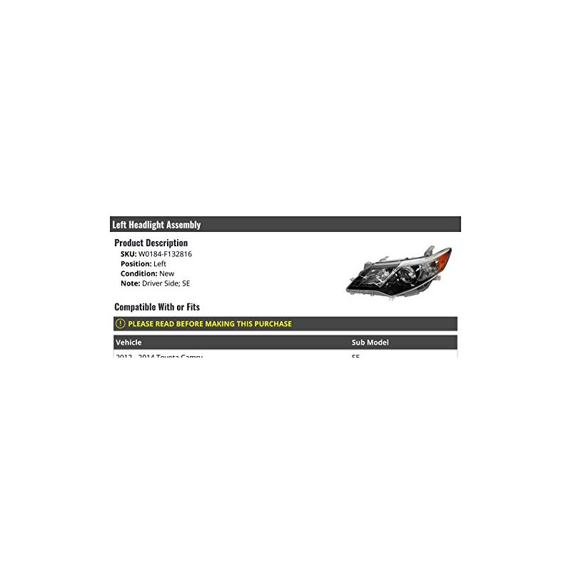 Left Driver Side Headlight Assembly - Compatible with 2012-2014 Toyota