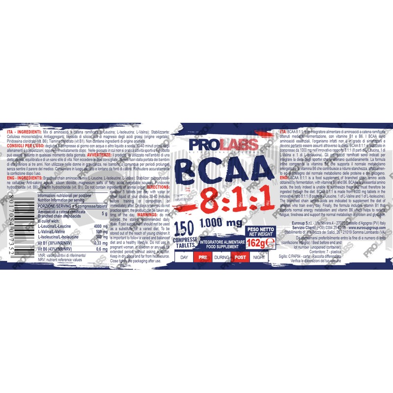 PROLABS – Bcaa Aminoacidi Ramificati Compresse 8.1.1, Amminoacidi 100% Veg