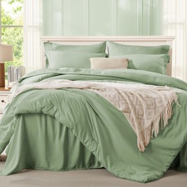 Anluoer Sage Green Queen Comforter Set 7 Pieces, Bed in a Bag with Sheets, All Season Bedding Sets with 1 Comforter, 2 Pillow Shams, 2 Pillowcases, 1 Flat Sheet, 1 Fitted Sheet