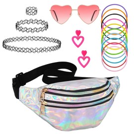 YEWCEP Pack of 17 90s Accessories, 90s Outfit Women, Festival Party Outfit Lady, Silver Pockets, Pink Heart Glasses, Tattoo Necklaces, Bracelets and Earrings, Suitable for Girls