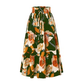 Adigaber Long Skirt Women's Elastic Waist Skirt Floral Print Skirt with Drawstring Holiday Summer Skirt Beach Dresses, Army Green, XL