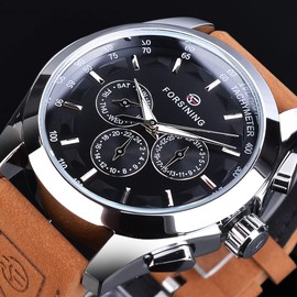 FORSINING Mechanical Watch Men's Automatic Self-Winding Military Watch Genuine Leather Strap Waterproof Luminous Casual Business, black, Strap
