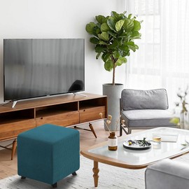 Bifaunvogel Ottoman Cover Square Folding Storage Ottoman Slipcovers Jacquard Stretch Cube Footrest Foot Stool Covers Protector with Elastic Band (Small,Peacock Blue)