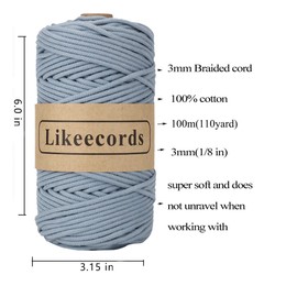 Likeecords Braided Macrame Cotton Cord 3mm x 109yards,Macrame Rope, 100% Natural Cotton Rope Macrame String,Colorful Cotton Craft Cord for Bag,Wall Hanging, Plant Hangers, Knitting（Grayish Blue）