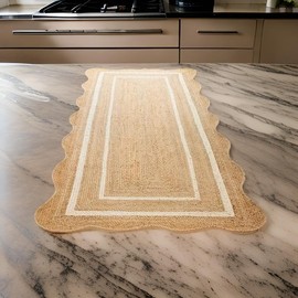 SMERA HOUSE White Runner for Kitchen Golden Zigzag Line Design, 2x6 Feet, Easy to Clean, Durable Jute Natural Fabric Floor Mat, Non-Washable, Ideal for Kids & Pets, Perfect for Living Room & Bedroom