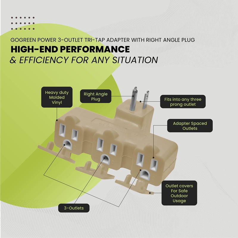 GoGreen Power 3 Outlet Tri Tap Adapter with Covers, Beige