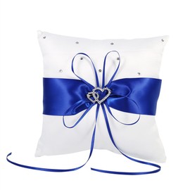 4 Colors Wedding Holder Pillow with Bow Dyed Double Heart Diamonds Suitable for Wedding Decoration (Blue)