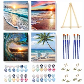 4 Pack Paint by Numbers Kit for Adults Framed Canvas - with Wooden Easel,Adults' Paint-by-Number Kits Beach Sunset Leisure Chair DIY Acrylic Landscape Oil Painting Kits Arts Crafts 7.8x11.8inch